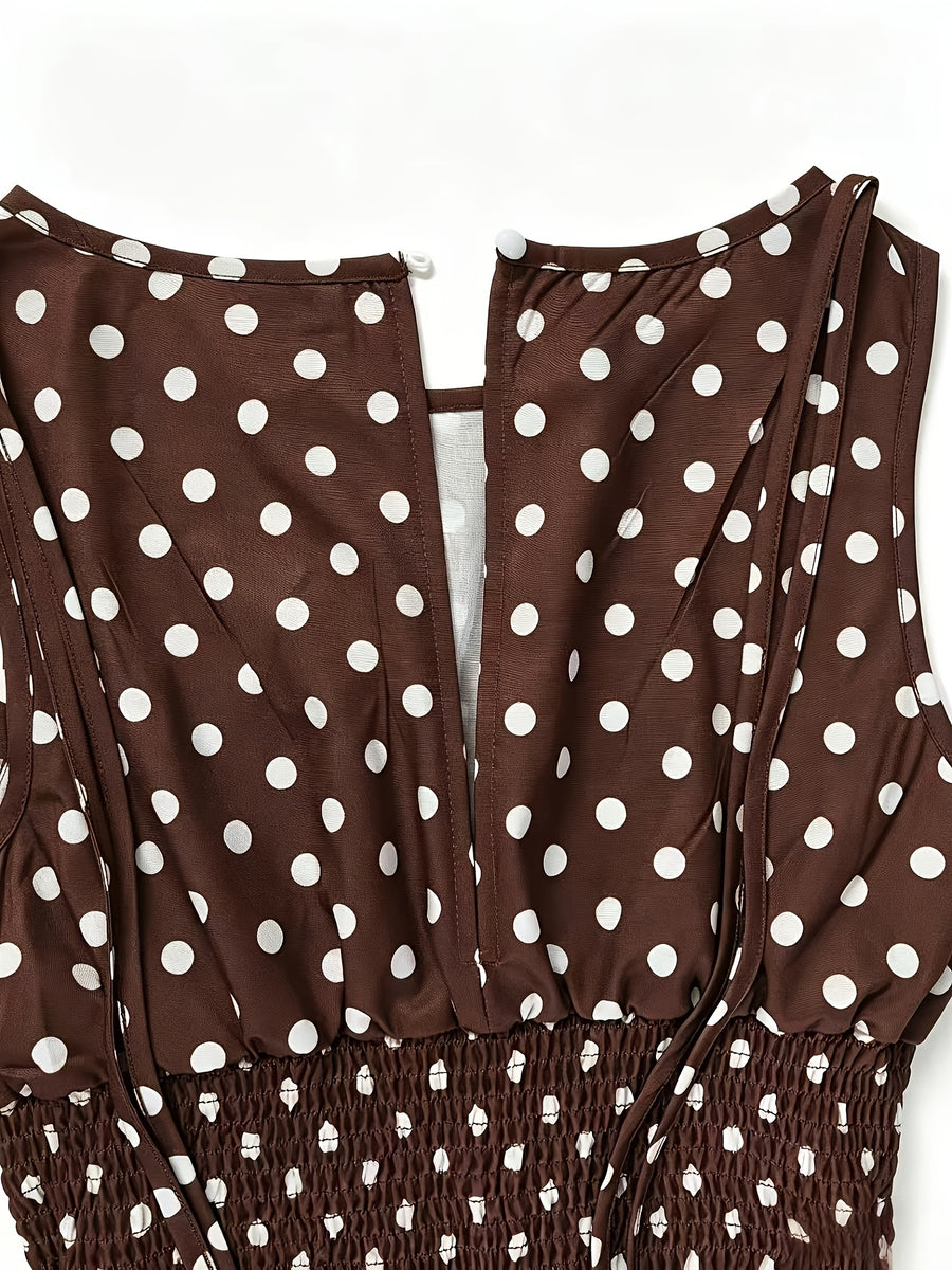 Women'S New Retro Polka Dot Print Jumpsuit, Shoulder Bow Tie Detail, Round Neck Sleeveless Back Slit Button Design, Elastic Ruched Waist, Summer Casual Beach Vacation Outfit, Elegant Commute, Date Outing Daily Wear Long Length Wide Leg Trousers - Olive Brown