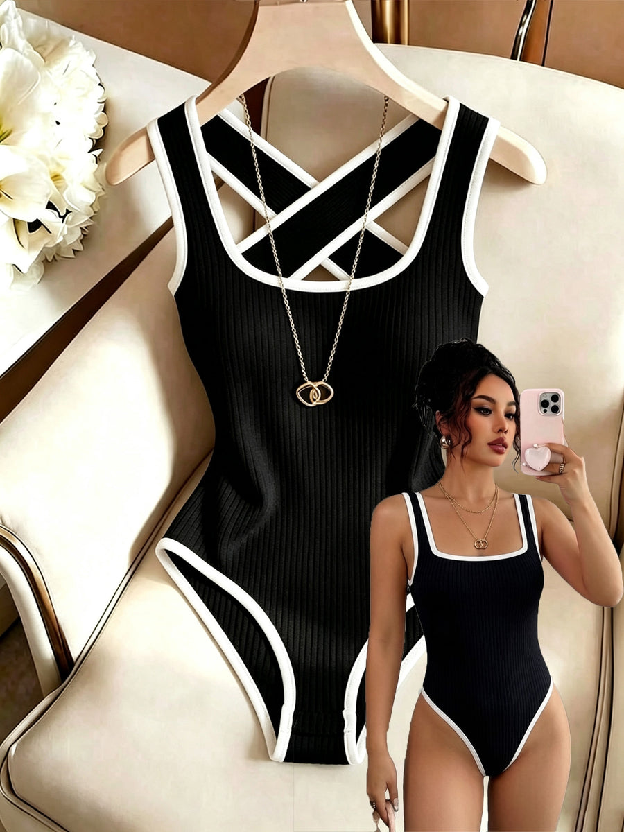 Contouring Black Trim Contrast Ribbed Stretch Women'S Elegant Tight Top Without Additions - Black