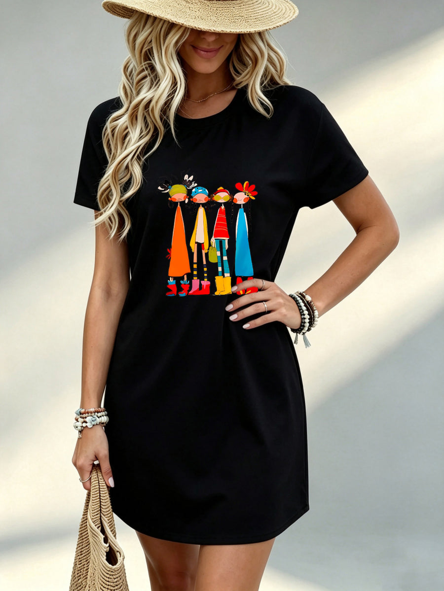 Printed Design - Not Textured, Casual Style, Women's Dress, Colorful Graphic Print, Summer Beach Outing, Gift for Friend Or Sister, 100% Polyester - Black