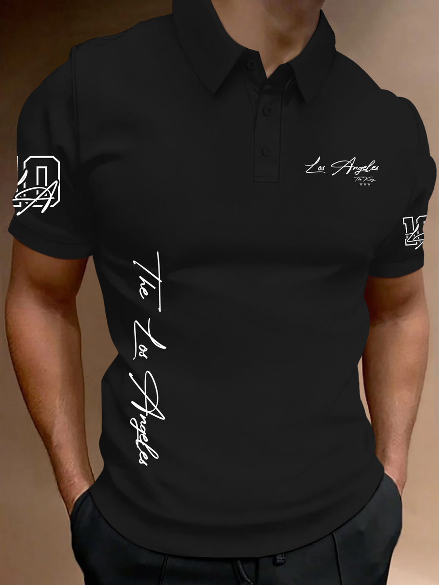 Fashion Men's Short-Sleeve POLO Sporty Style City Letter Layered Digital Print Polo Shirt - Black