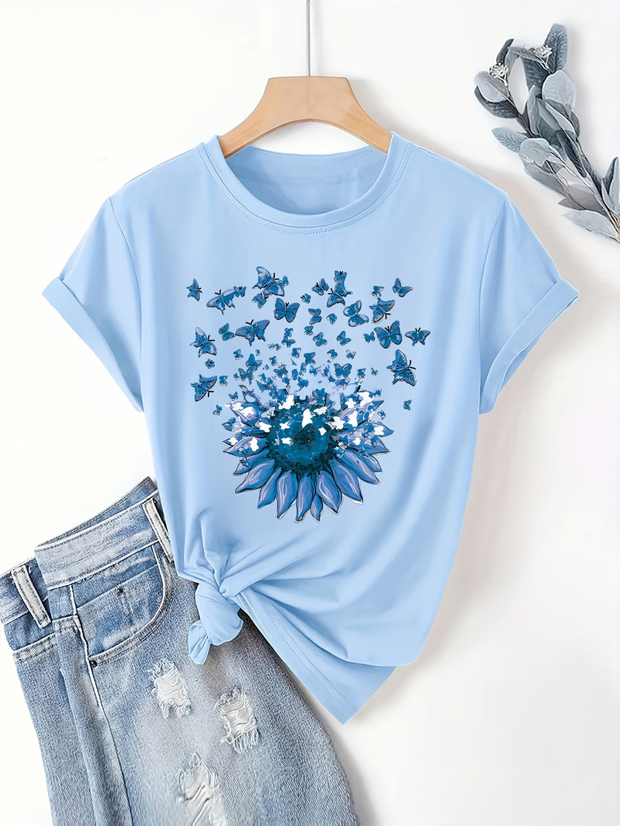 Sunflower Pattern Print - with Bow Design - Casual Round Neck, Short Sleeve, Spring/summer Fashion T-shirt - Light Blue