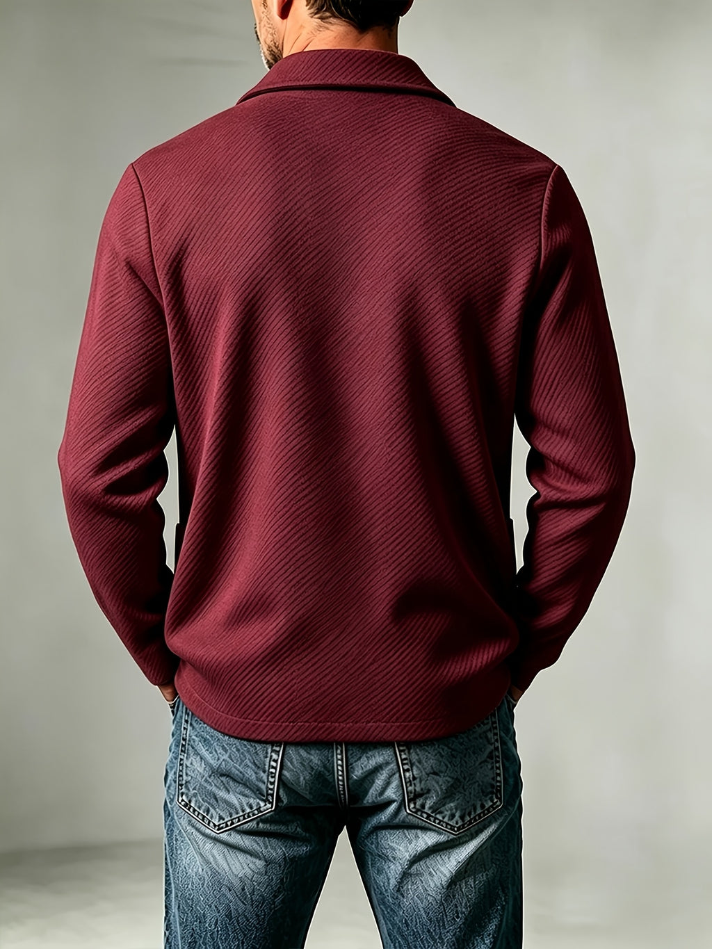Men'S Spring Autumn New Print High-Grammage Pinstripe Texture Fabric Blazer Collar Cardigan Single Button Double Pocket Business Casual All-Match Long Sleeve Jacket, Knit Soft Comfortable Fashion Solid Color Outerwear Suitable for Daily Outings - Burgundy