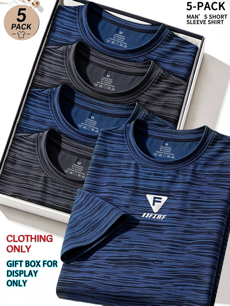 5pcs Men's Sports & Fitness Breathable Quick-Dry T-Shirts, Outdoor Travel Casual Running Printed Short-Sleeve Tees, Easy to Clean and Maintain, Lightweight T-Shirts for Daily Leisure and Gatherings, Classic Crew Neck Shirts - Dark Blue + Dark Gray + Dark Blue + Dark Gray + Dark Blue