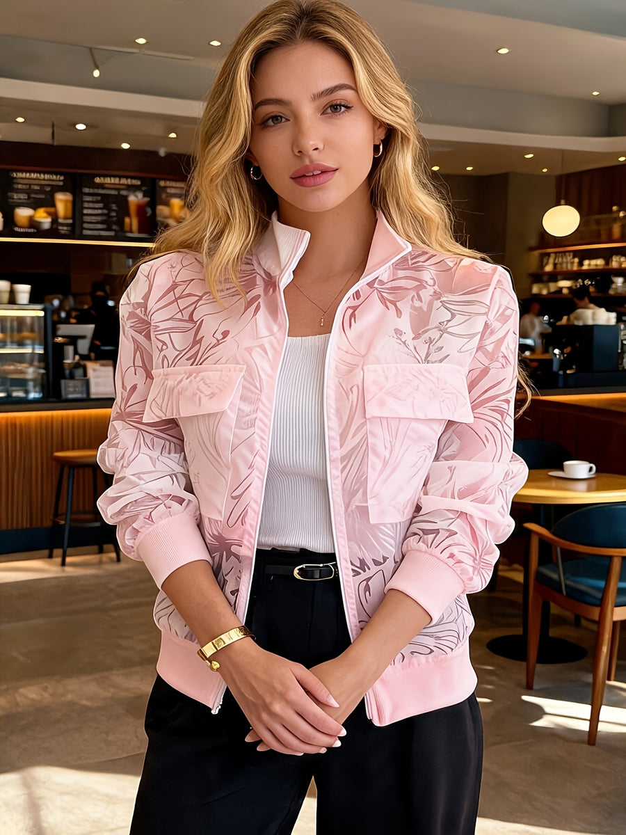 Women's Casual Mesh Cut-Out Utility Pocket Decorated Zipper Baseball Jacket for Spring, Summer, and Autumn - Pink Color