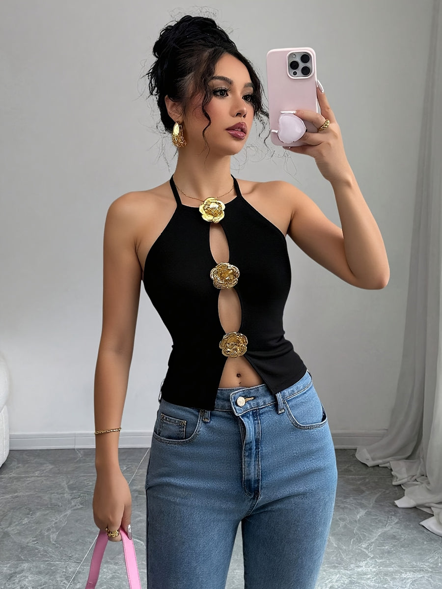 Summer Sexy Holiday Vacation Metallic 3D Floral Embellishment Hollow Out Casual Cami Dress Women'S Clothing - Black