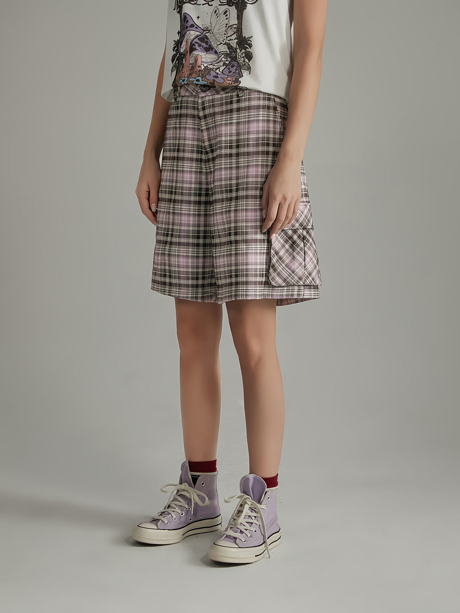 NO ONE ELSE Vintage Plaid Casual Pants for Women, Summer Academic Style Wide-Leg Cargo Shorts - Purple Lattice