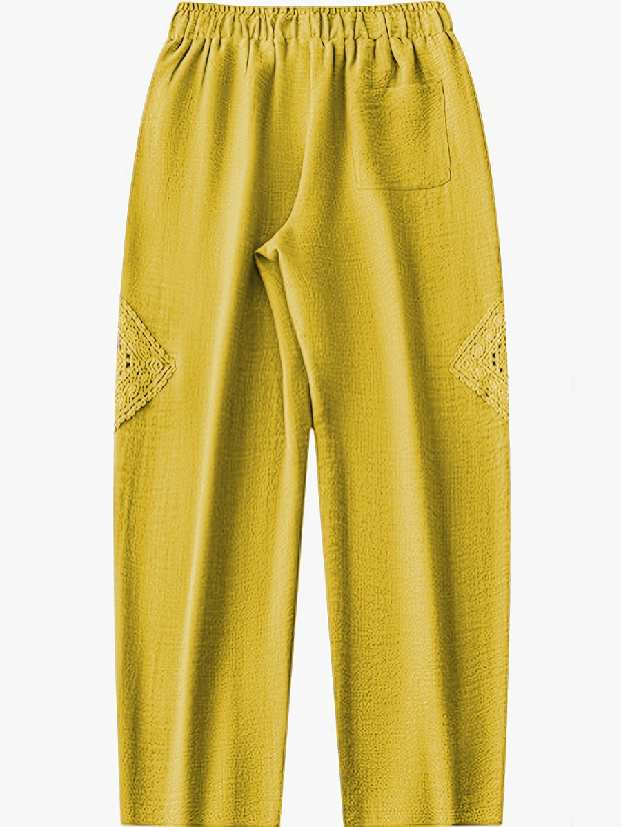 Women's Color Block Lace Casual Drawstring Waist Bow Capri Pants with Pockets - Bright Yellow