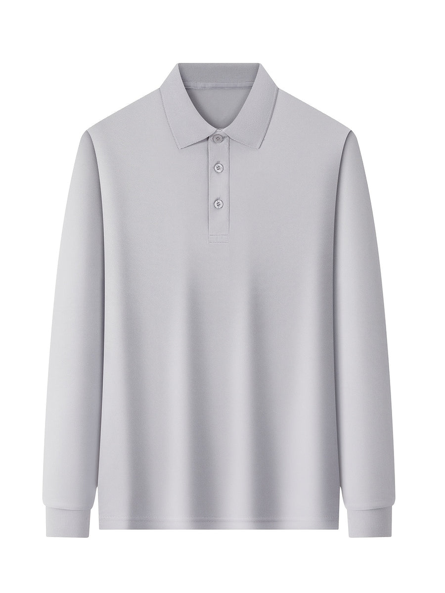 Men'S Long Sleeve Polo Shirt, Solid Color 3-Button Collar Basic Style, High-Density Drapey Wrinkle-Resistant Pearlized Fabric, Home Casual Texture, All-Season Versatile Collar Top for Daily Commute - Grey