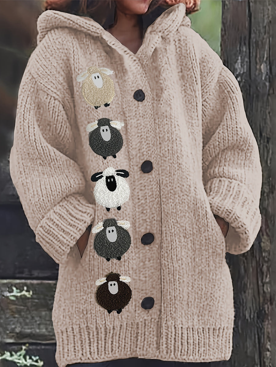 Winter Women's Elegant Hooded Oversized Outerwear Jacket, Multi-Color Little Lamb, Chunky, Soft, Thick, Beautiful, Stylish, Comfortable, Casual, Vintage, Commuting Cardigan, Gift - Wheat-colored