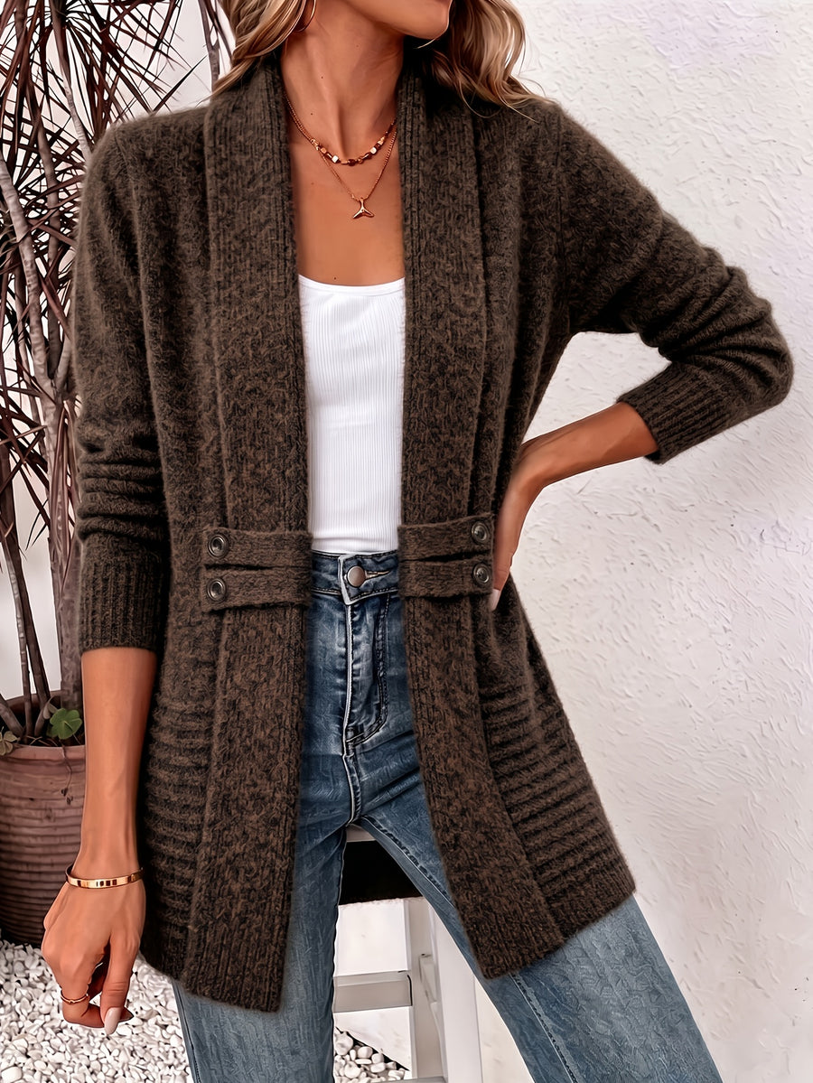 Beautiful Women's Spring/autumn Casual Double-breasted Decorative Belt Cardigan, Shawl and Cinched-waist Design, Versatile Mid-length Open-front Sweater in a Relaxed Style, Elegant and Fashionable Loose Outerwear, Perfect for Daily Commutes or Casual - Coffee Color