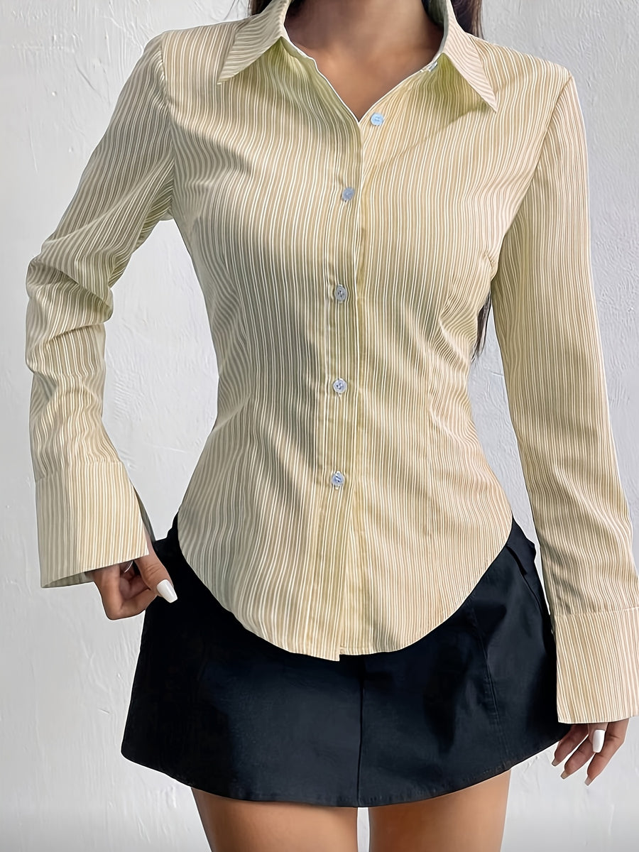 Pure Desire Style Slim Striped Shirt High Waist Curved Hem Hot Long-Sleeved Shirt - 【Light Yellow】