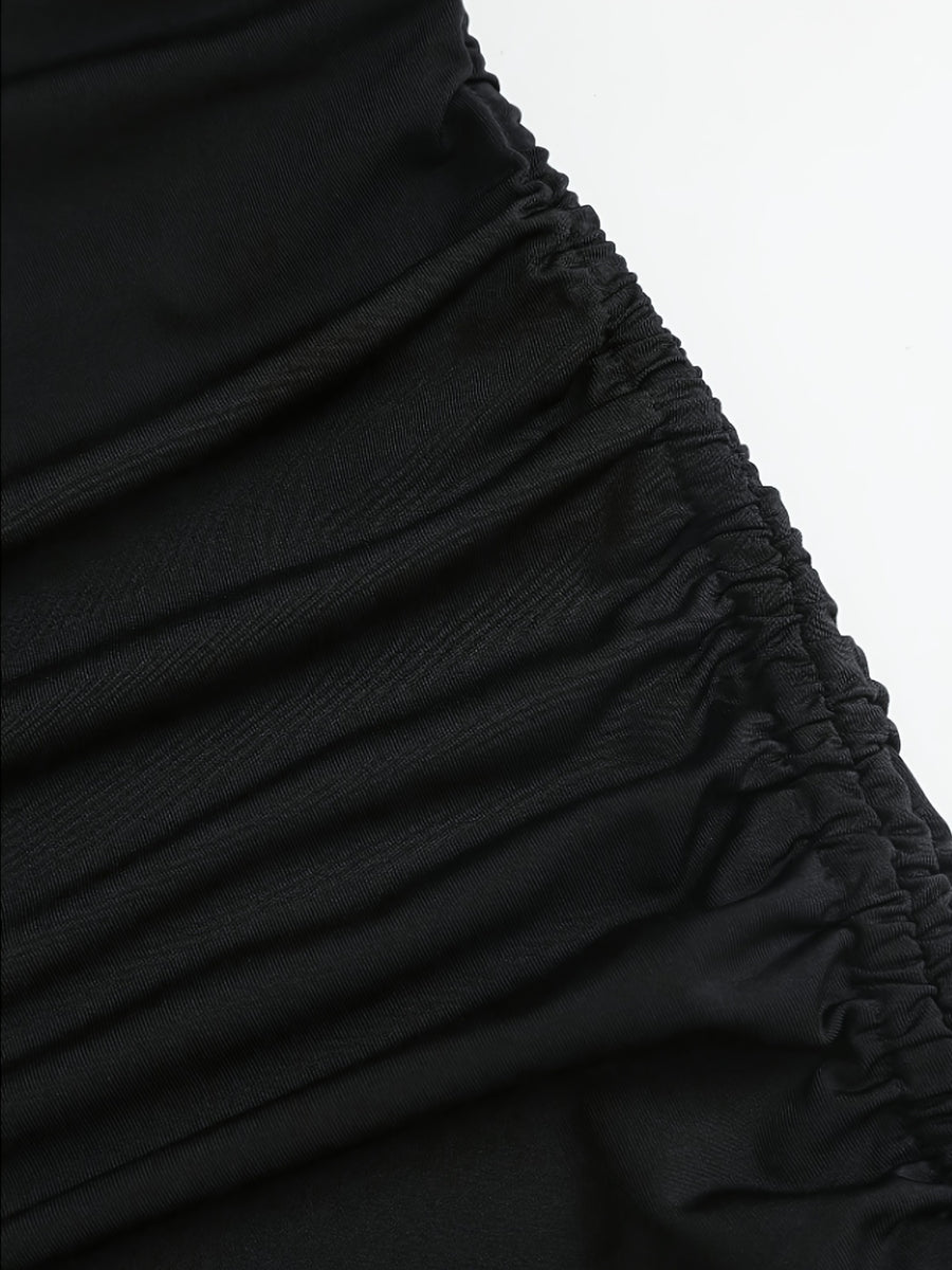 Elegant And Exquisite Halter Cowl Neck Sleeveless Bodycon Mini Dress, Fashion Side Ruched Irregular Asymmetrical Hem with Floral Lace Trim, Slim Fit Black Short Dress for Club, Party, Night Out And Daily Fashion Look - Black