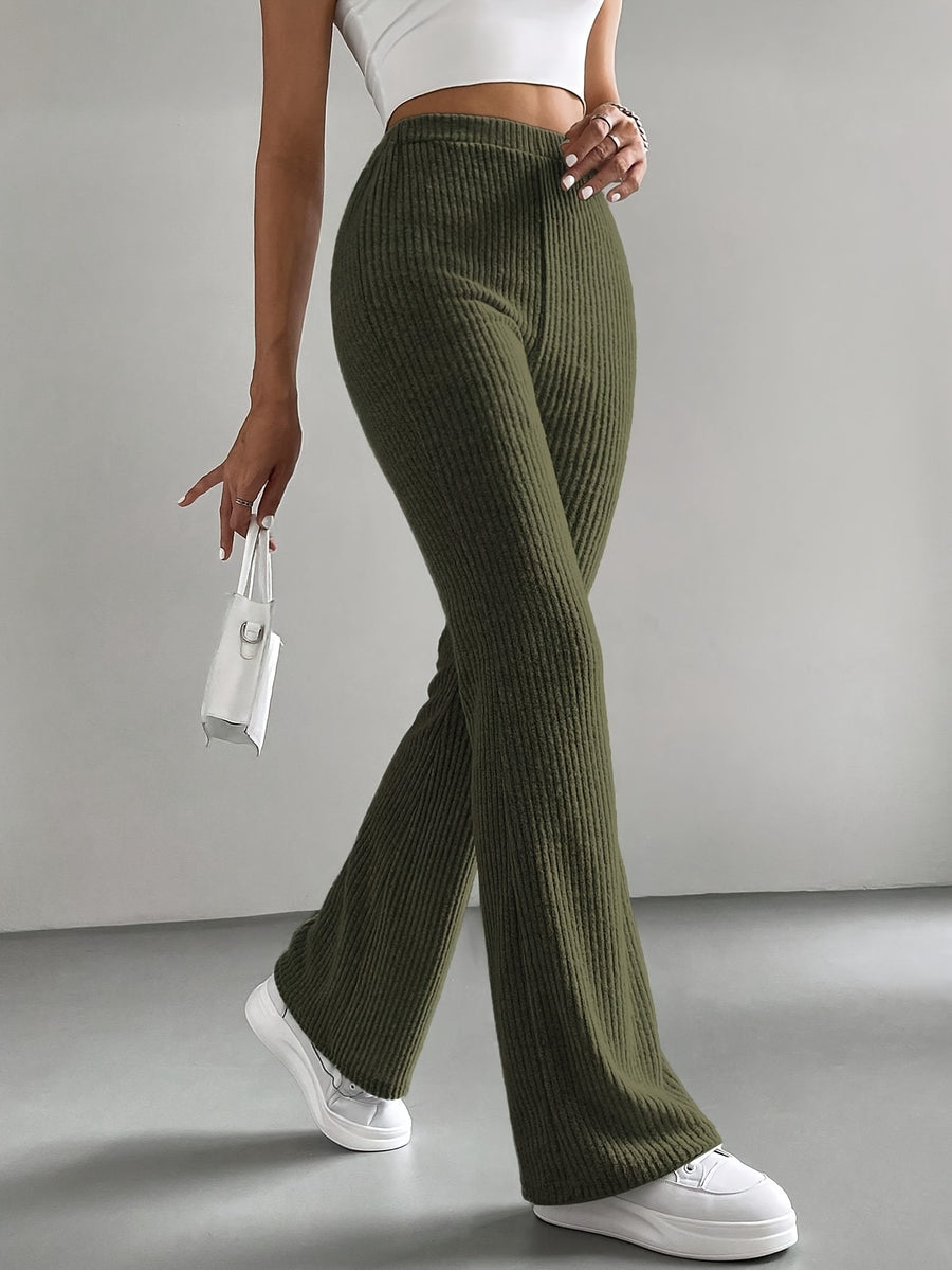 High-Waisted, Elastic Waist Straight-Leg Pants in Light with Small Ribbed Texture And a Slight Flare - Olive Green