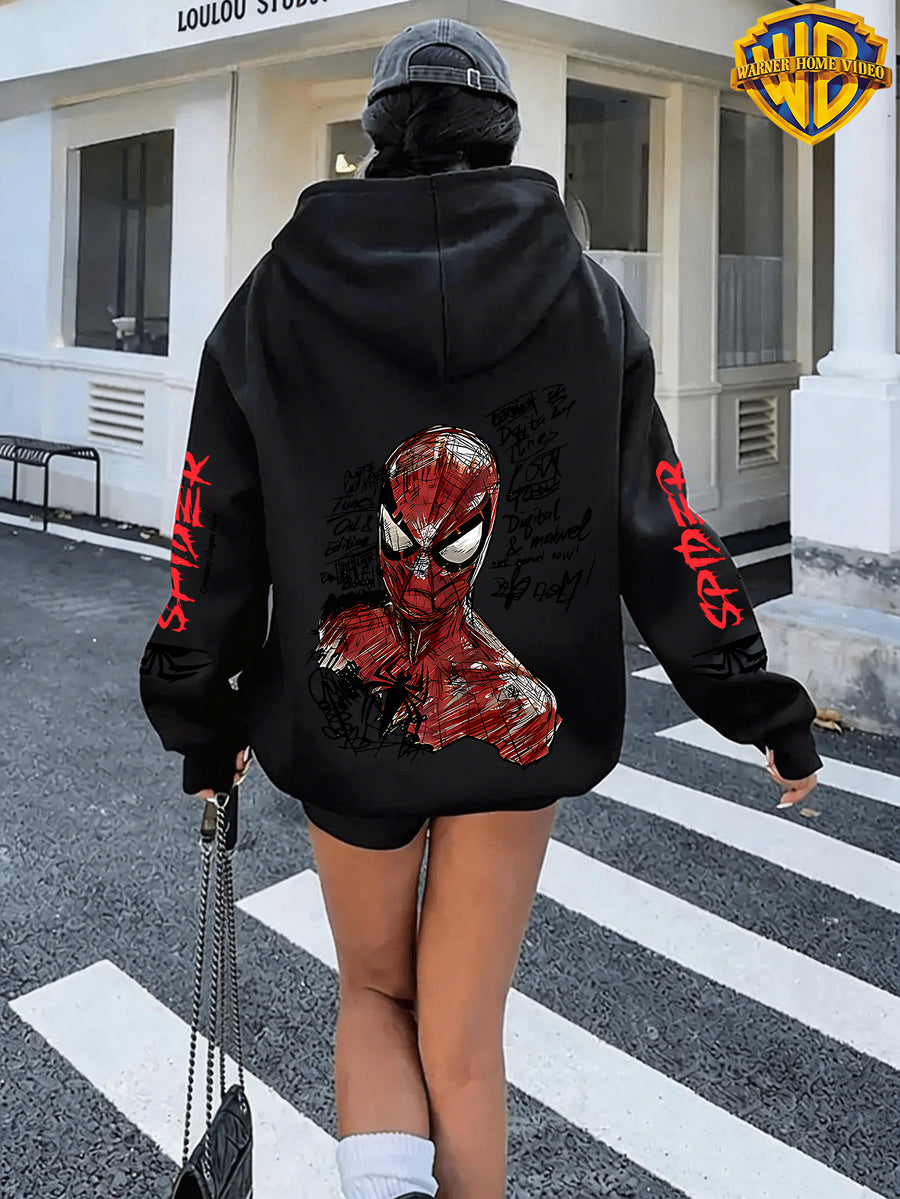Authorized by Warner, Women'S Hoodie, Sketched Half Body Spider- Print, Casual Zipper Jacket with Pocket, Autumn/Winter Hoodie, Comfortable And Versatile with Pattern - Black