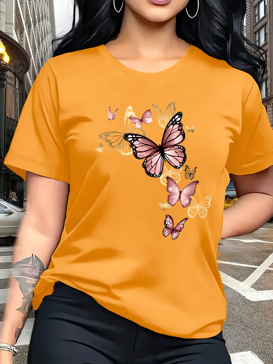 Watercolor Style Butterfly Pattern Print, Fashion Breathable T-Shirt, Family Travel, Campus, Casual, Daily Commute, Sisters' Matching Outfit, Versatile T-Shirt - Orange