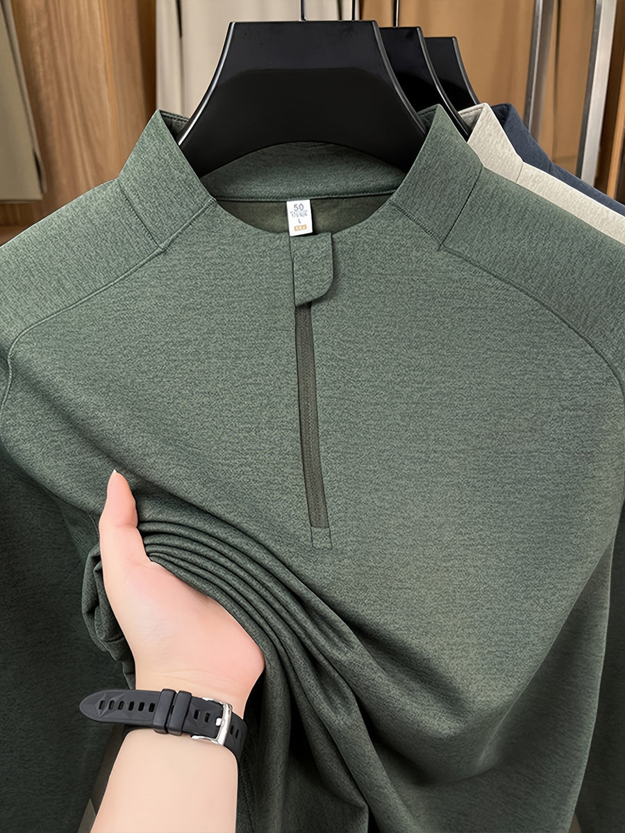 Men's Stand Collar Half-Zip Long Sleeve Base Layer, Raglan Sleeve Cut, Minimalist Business Casual Functional Style Warm Top - SINBOS - fern green