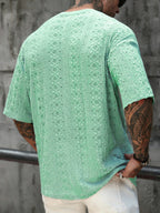 Green Diamond Hollow Texture Knit Men'S T-Shirt, Western Street Round Neck Summer Casual Short Sleeve Top, XT7854 - Green 1