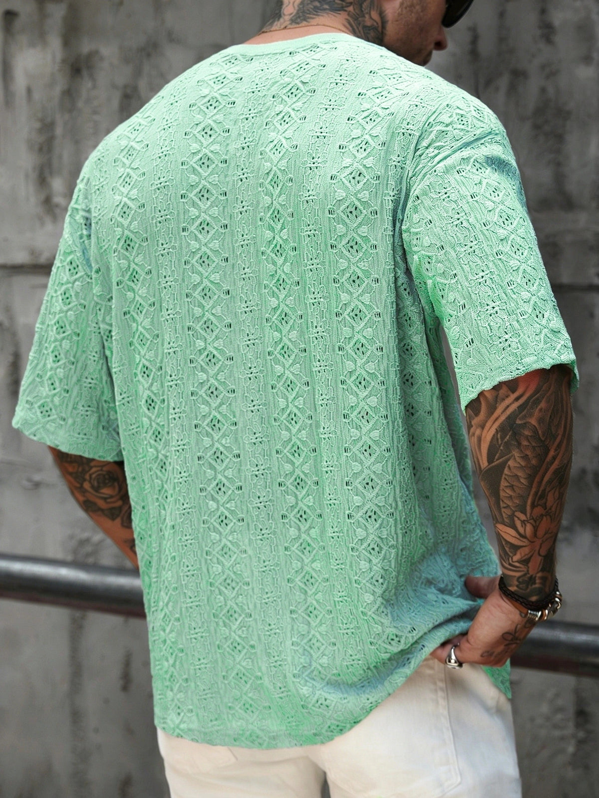 Green Diamond Hollow Texture Knit Men'S T-Shirt, Western Street Round Neck Summer Casual Short Sleeve Top, XT7854 - Green 1