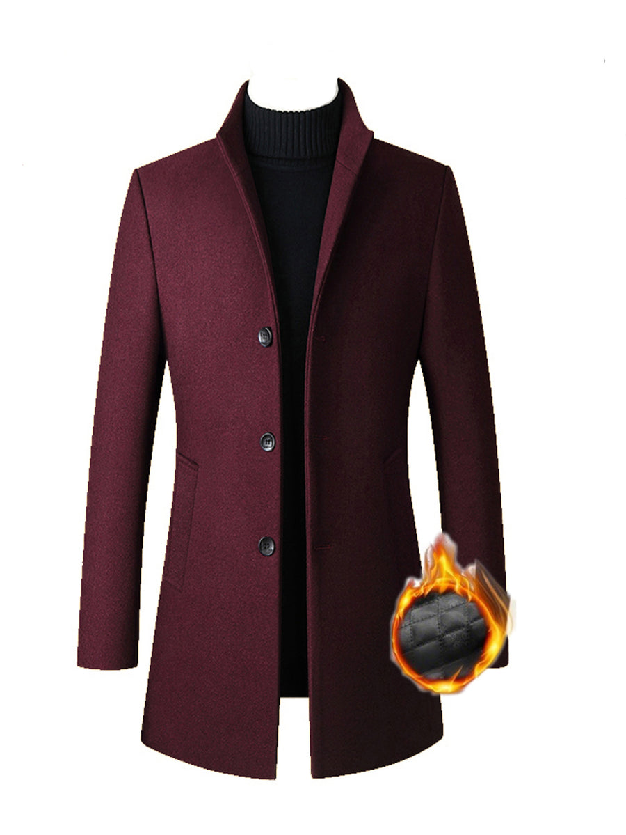 Autumn Winter Thick Warm Windproof Solid Color Stand Collar Coat, Classic Easy Retro Casual All-Match British Old Money Style Elegant Gentleman Jacket - Burgundy