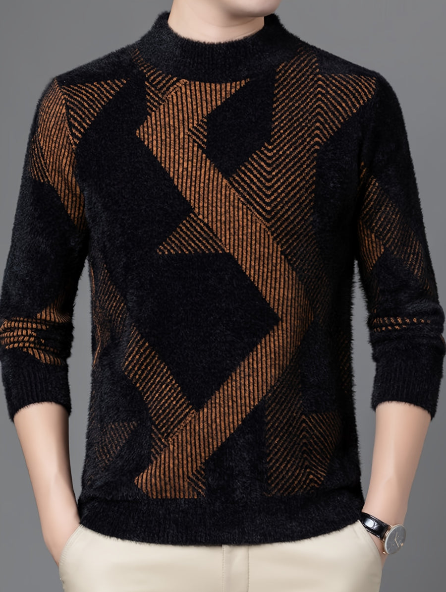Autumn Winter Men'S Semi-High Neck Sweater, Geometric Diamond Thick Knitwear for Middle-Aged Casual Warm Base Layer - Black