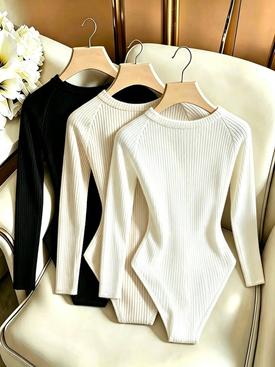 Women'S 3pcs Round Neck Off-Shoulder Long Sleeve Bodysuit, Multicolor Vertical Ribbed Elastic Snug Fit with Snap Closure at Crotch, All-In-One Base Layer for Spring/Fall Commute, Date, Suit Coat Inner Wear, Casual Attire, Anti-Rolling Edge - White/Apricot/Black