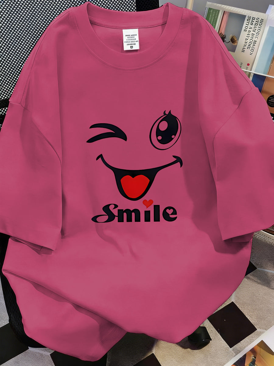 Women' Oversized Soft T-Shirt with Smile Winking Face & Letter Print - Loose Fit Short Sleeve Top, Age-Reducing Casual Blouse Suitable for Spring Summer Fall, Machine Washable Non- Wardrobe Essential - Rose Red