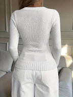 Elegant Ladies' V-neck Long Sleeve Slim Fit Cardigan | Autumn/Winter Collection with Embroidered Details - White
