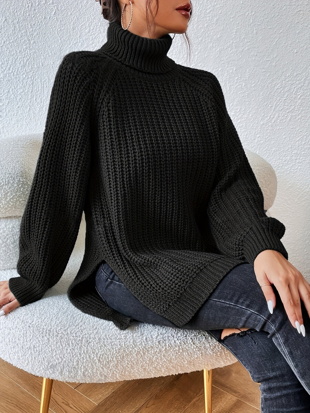 Women's New Arrival Elegant Casual Versatile Vacation Commute Office Sisters Outing Shopping Y2K Daily Wear Autumn Winter Solid Color High Neck Lapel Raglan Long Sleeve Top Spring Slit Hem Sweater Party Outfit Birthday Top Commute Wear Casual Wear - Black