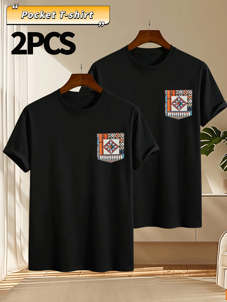 2pcs Men's Round Neck Pocket Short-Sleeve T-Shirt, Suitable for Summer Outdoor Casual Wear, Versatile Casual Knit Top, Men's Casual Pocket Design Sport T-Shirt - Black