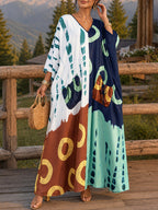 Plus Size - Vacation Style Color-Block Printed V-Neck Dress, Women'S Plus Size Loose Body-Covering Beach Maxi Skirt for Summer Outings - Polychrome