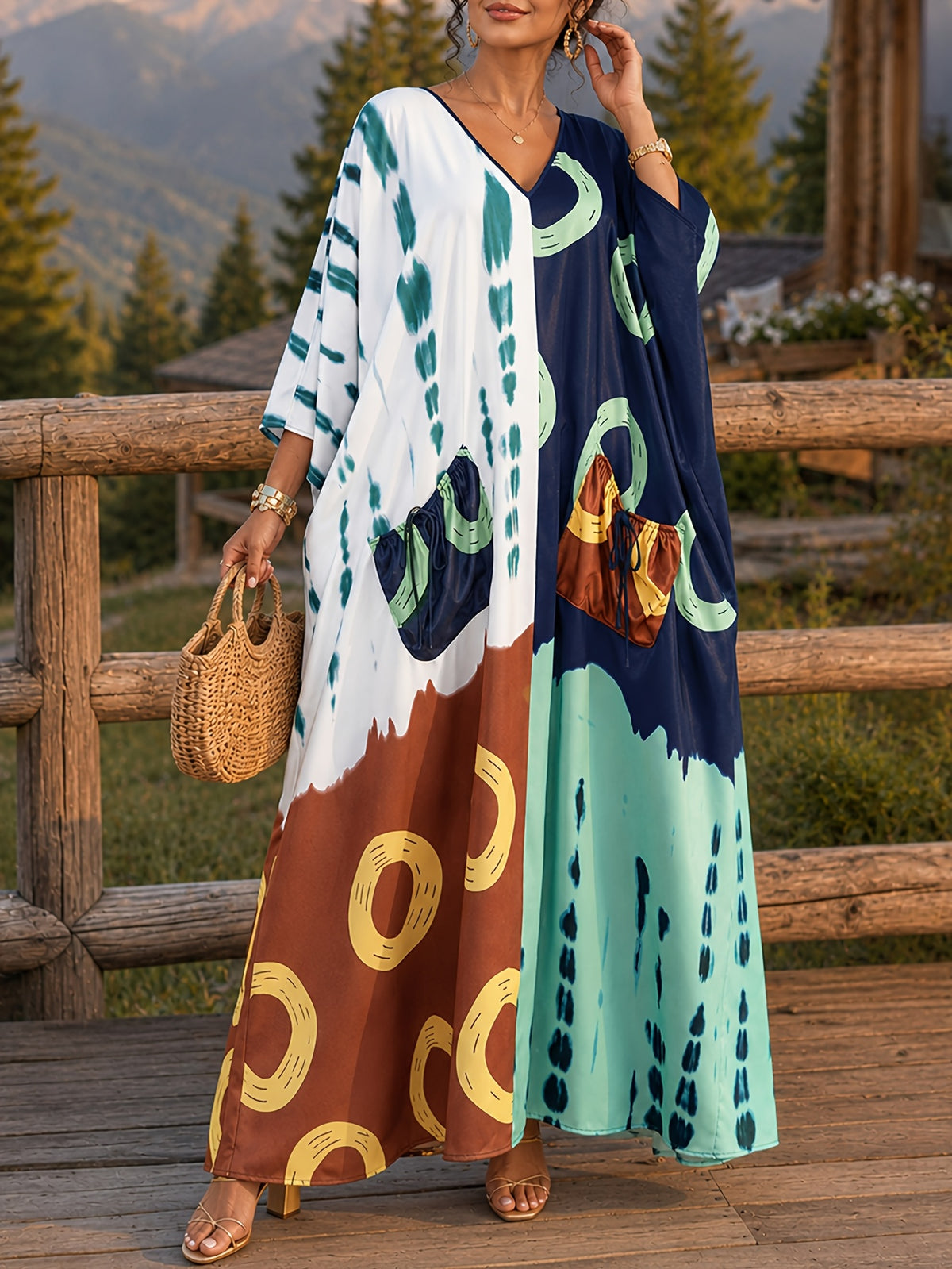 Plus Size - Vacation Style Color-Block Printed V-Neck Dress, Women'S Plus Size Loose Body-Covering Beach Maxi Skirt for Summer Outings - Polychrome