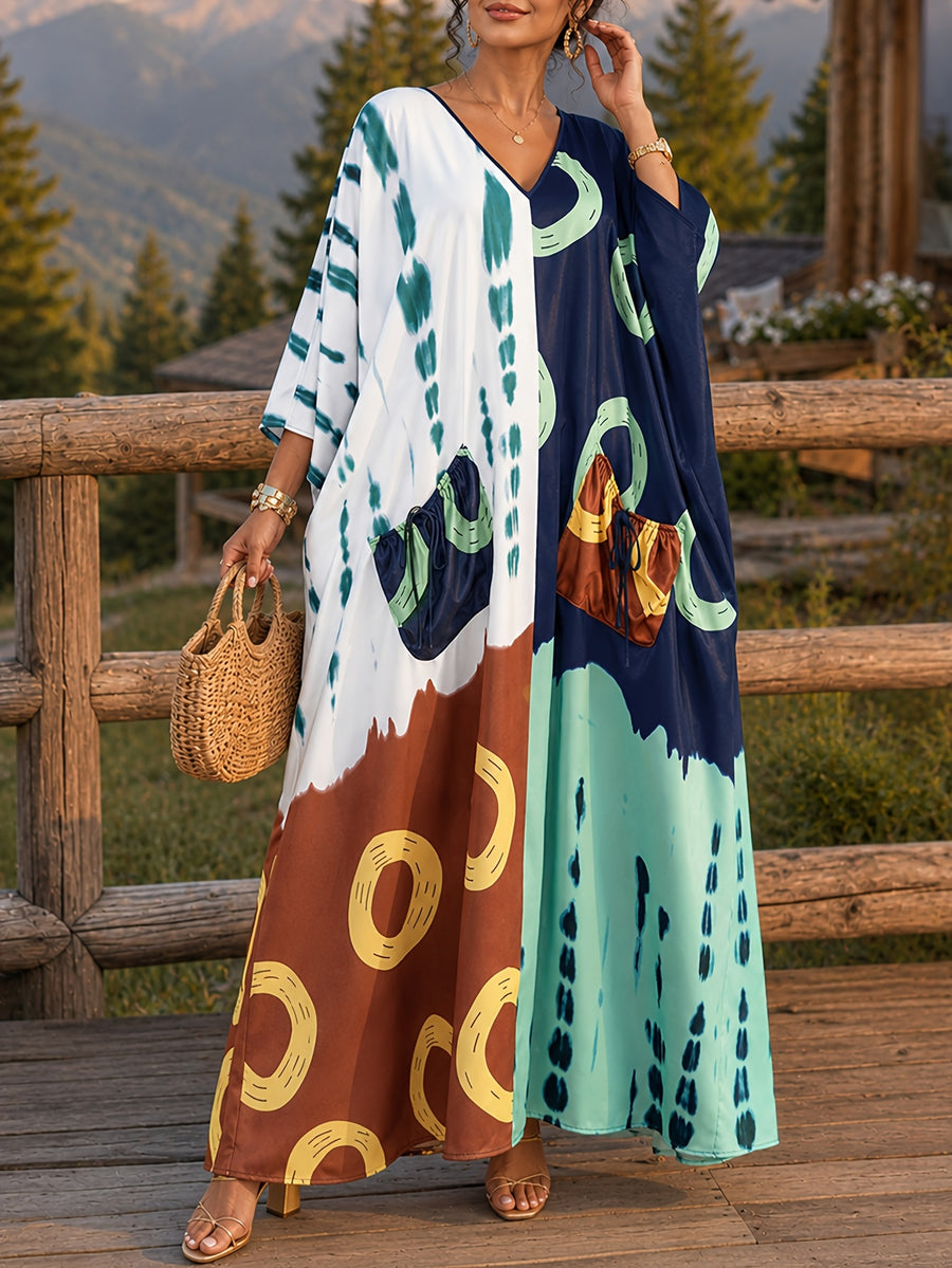 Plus Size - Vacation Style Color-Block Printed V-Neck Dress, Women'S Plus Size Loose Body-Covering Beach Maxi Skirt for Summer Outings - Polychrome