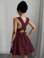 Women'S Romantic Elegant Sexy Wedding Guest Style Wearable Cross V-Neck Sleeveless A-Line Mini Dress - Deep Red