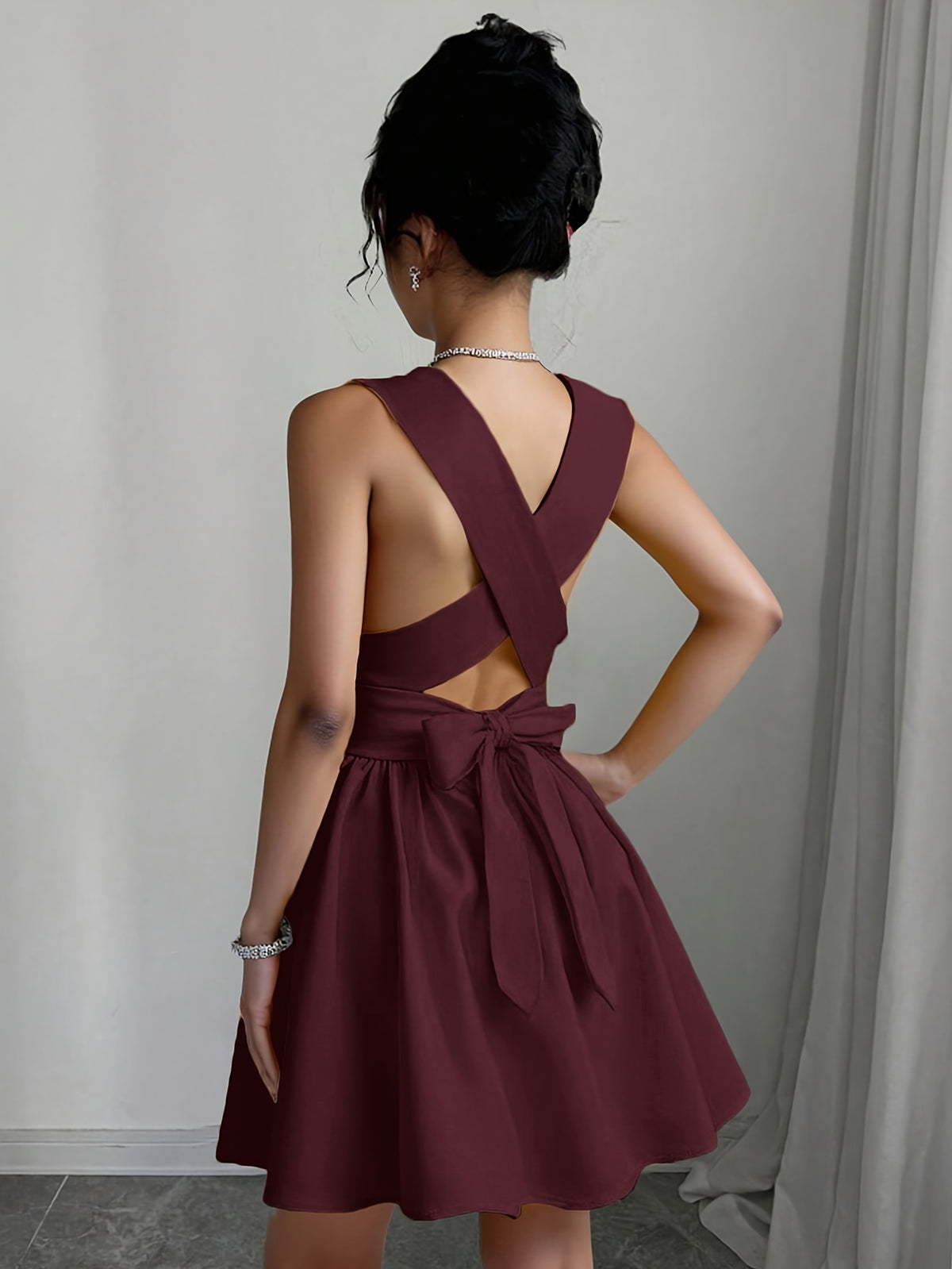 Women'S Romantic Elegant Sexy Wedding Guest Style Wearable Cross V-Neck Sleeveless A-Line Mini Dress - Deep Red