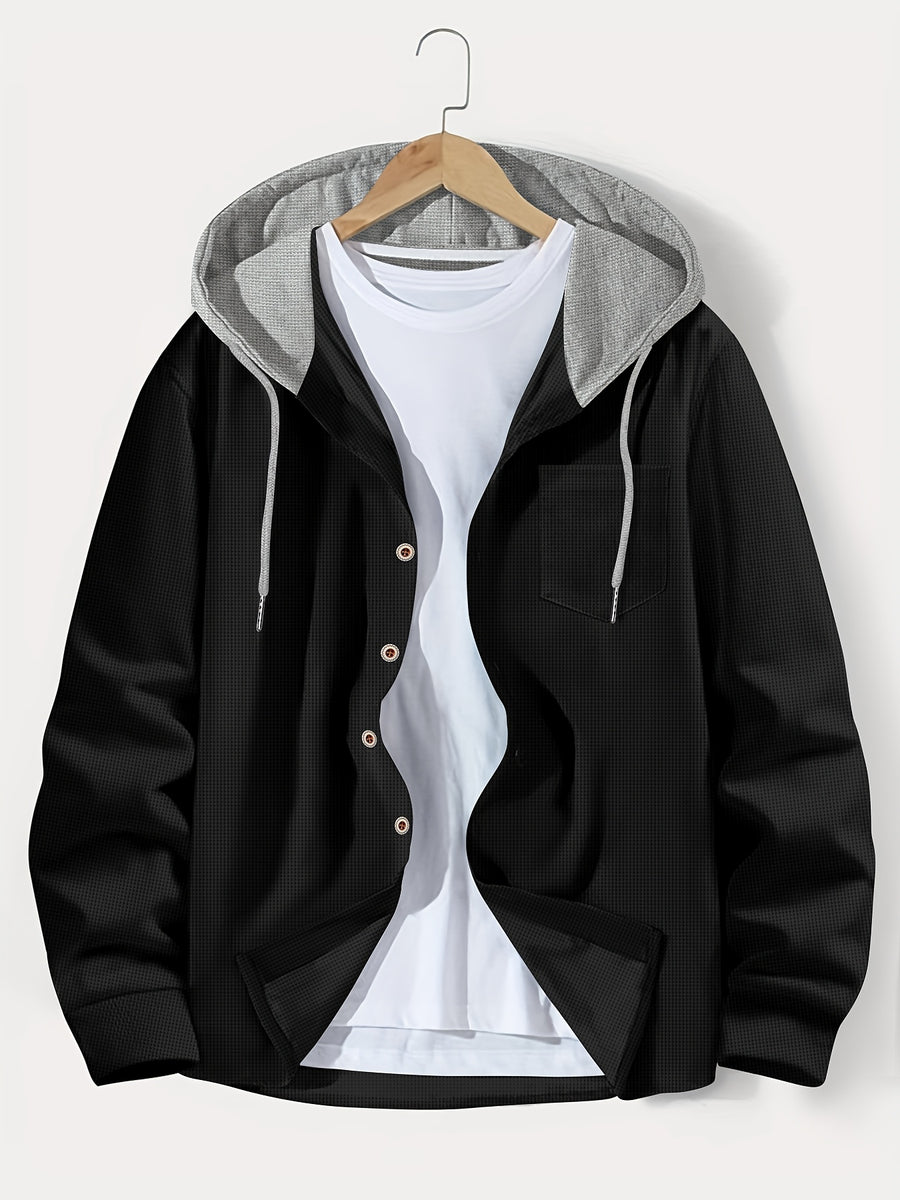 Men's Casual Hooded Jacket - Soft, Breathable Polyester with Button-Up Design & Pockets | Perfect for Spring, Fall & Outdoor Activities, Long Sleeve, Fashion, Daily, Leisure Style, Conventional Version - Black