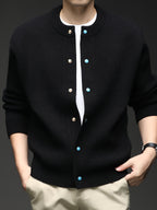 Du Jing Lan OBM Spring/Autumn New Arrival Men's Knitted Cardigan, Thickened Old Money Style Textured Solid Color Crew Neck Long Sleeve Open Front Knit Sweater, Men's Business Casual Fashion Single-Breasted Ribbed Sweater Jacket, Suitable for Layering - Black
