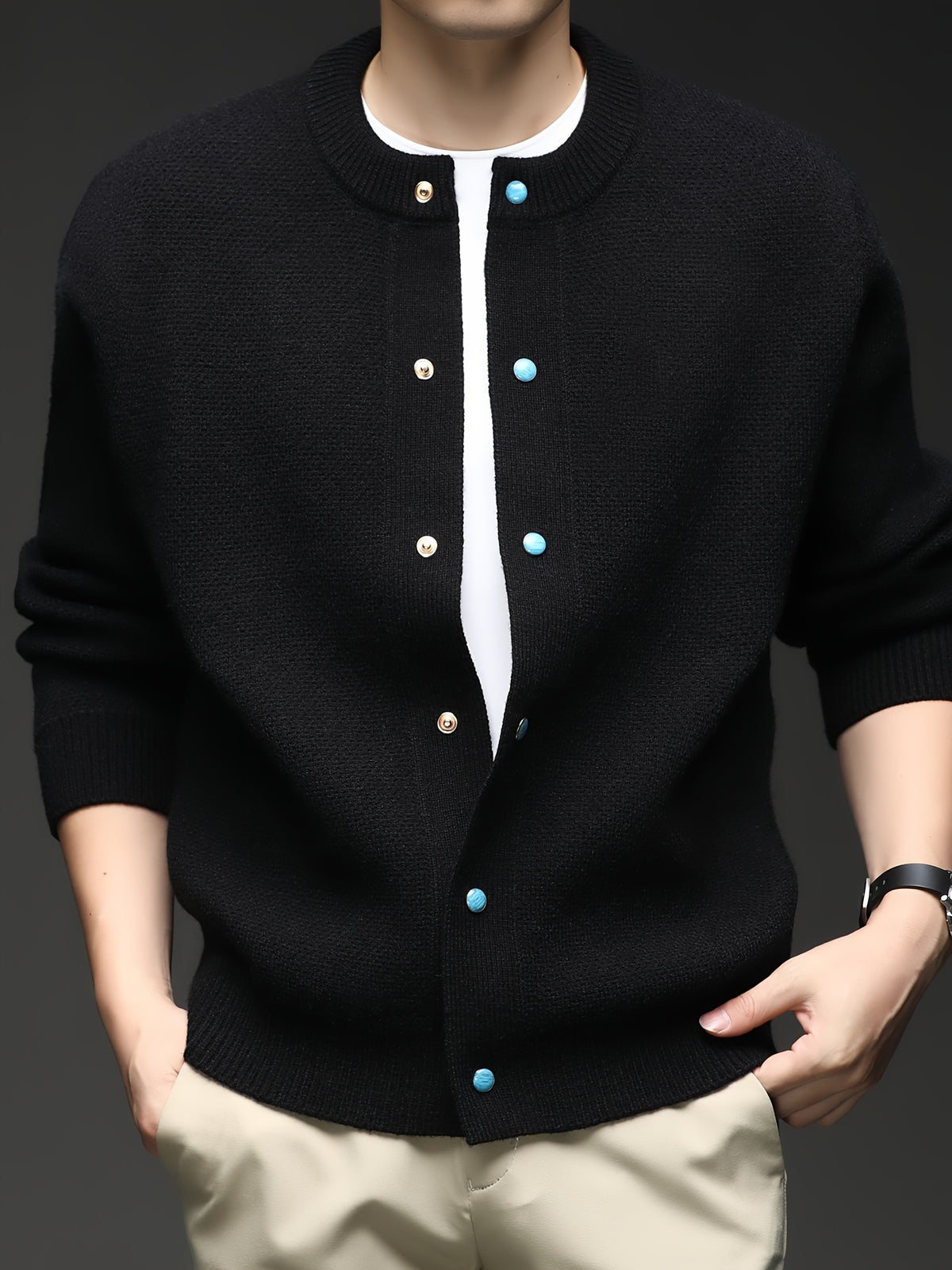 Du Jing Lan OBM Spring/Autumn New Arrival Men's Knitted Cardigan, Thickened Old Money Style Textured Solid Color Crew Neck Long Sleeve Open Front Knit Sweater, Men's Business Casual Fashion Single-Breasted Ribbed Sweater Jacket, Suitable for Layering - Black