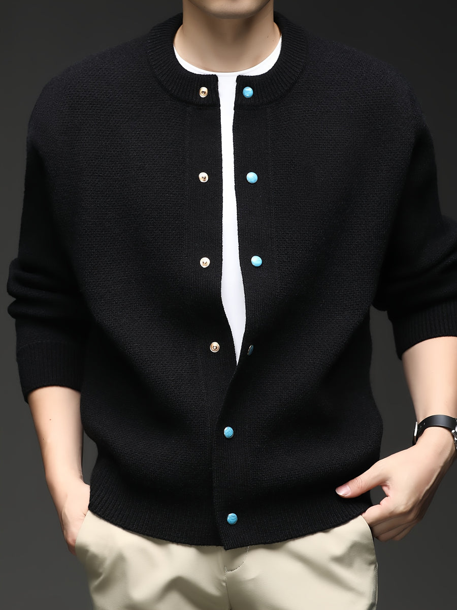 Du Jing Lan OBM Spring/Autumn New Arrival Men's Knitted Cardigan, Thickened Old Money Style Textured Solid Color Crew Neck Long Sleeve Open Front Knit Sweater, Men's Business Casual Fashion Single-Breasted Ribbed Sweater Jacket, Suitable for Layering - Black