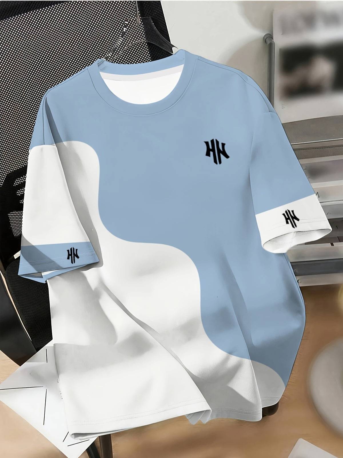 Printed Design – Not Textured/Embroidery/Sequins/Flat Print, No Accessories/White Slightly Sheer Fresh Japanese-Style Men's Clothing Light Blue and Irregular Wave Patchwork Chest Print Small Logo Trendy Short-Sleeve T-Shirt - Mixed colors