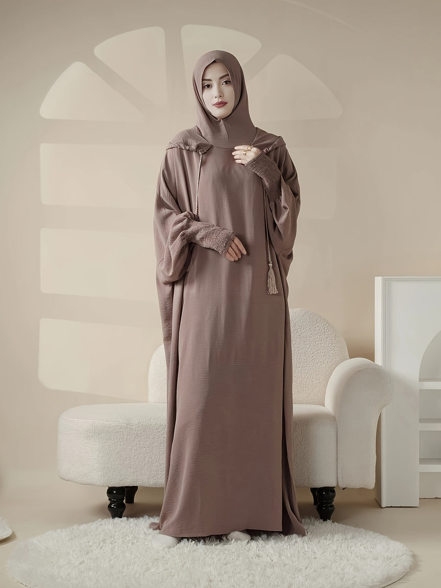 Women's Solid Color Loose Fit Muslim Batwing Sleeve Fringe Drawstring Hooded Hoodie for Daily Wear Islamic Clothing Prayer Abaya Gown - Pale Pinkish Gray