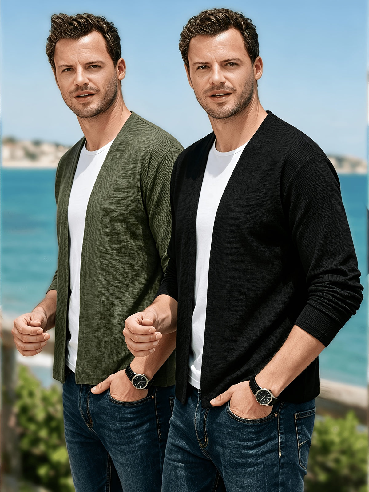 LVLAEA Christmas Pre-Heating 2pcs Set Men'S Knit Cardigan Long Sleeve Knit Casual No-Button Cardigan Spring Autumn Men'S Solid Color Jacket Middle-Aged Fashion Air-Conditioned Shirt Outerwear Men'S Style, Suitable for Outings And Leisure - Black+Dark Green