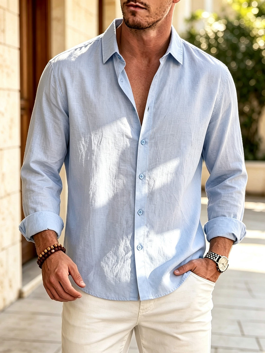 Seasonal Selection 1pc Men's Multi Color Collar Long Sleeve Shirt with Single Breasted and Foldable Sleeves, Lightweight and Comfortable, Simple and Casual Style, Autumn Loose Version, Shopping, Vacation, Work, Commuting Men's Top (Only 1 Shirt) - Sky Blue
