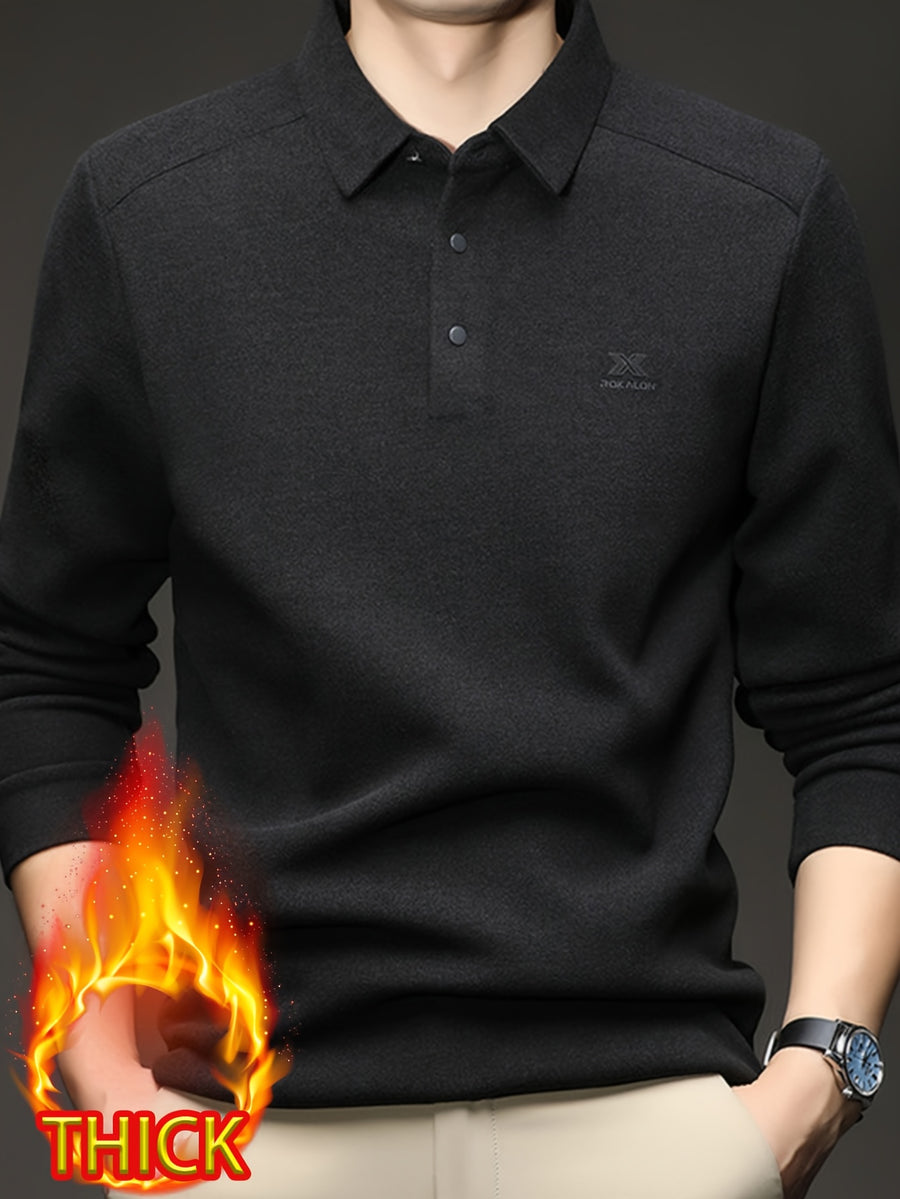 Thickened Men'S 3-Button Collar Polo Pullover Long Sleeve, Buttoned Placket, Ribbed Cuffs, Suitable for Autumn Inner And Outer Wear - SINBOS - Deep Grey