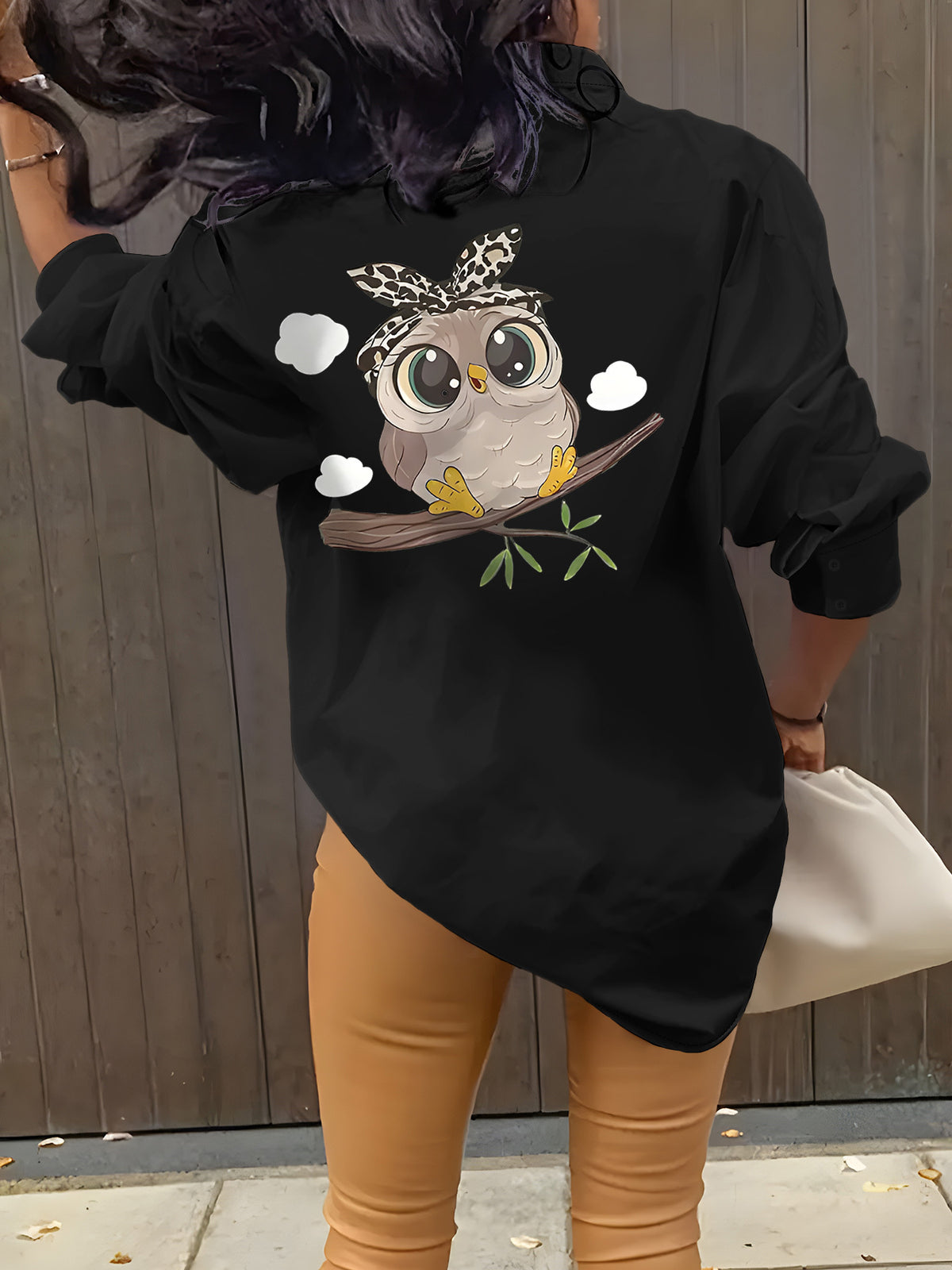 A Cute And Creative Animal Print Casual Long-Sleeve Shirt with a Collar, Designed for Women, Perfect for Elegant Parties. This Stylish Shirt Is Suitable for All Seasons—Spring, Summer, Autumn, And Winter. It'S a Beautiful Long-Sleeve Top - Black