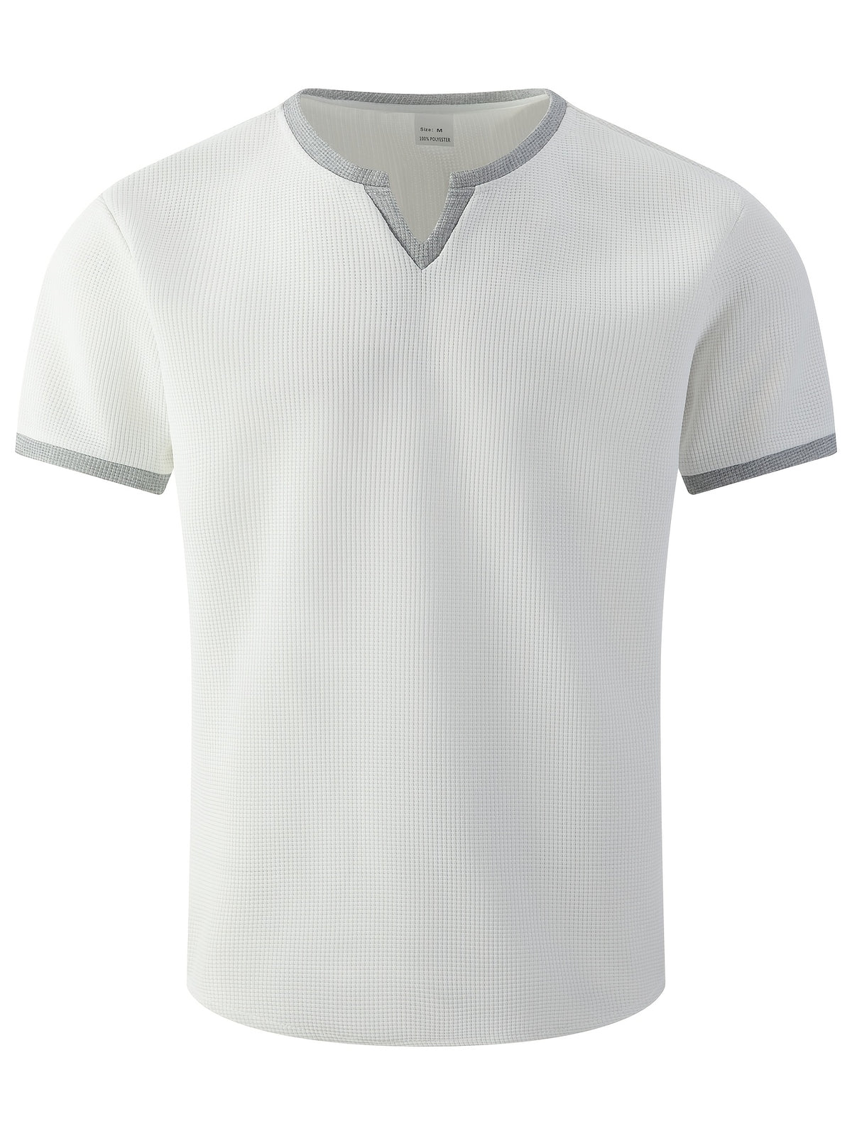 Men'S Solid Waffle Knit V-Neck Tee, Contrast Edge Short Sleeve Casual Daily T-Shirt - White