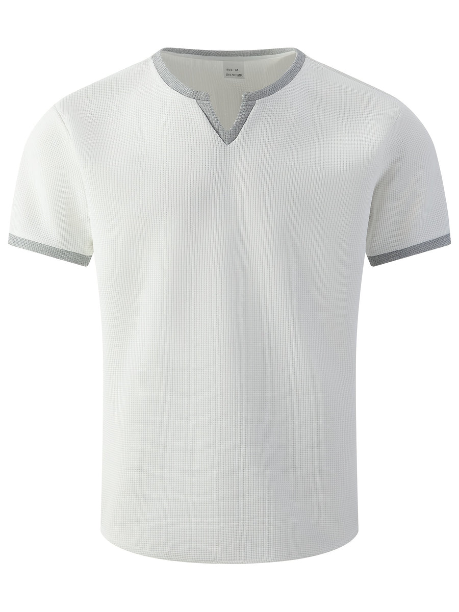 Men'S Solid Waffle Knit V-Neck Tee, Contrast Edge Short Sleeve Casual Daily T-Shirt - White
