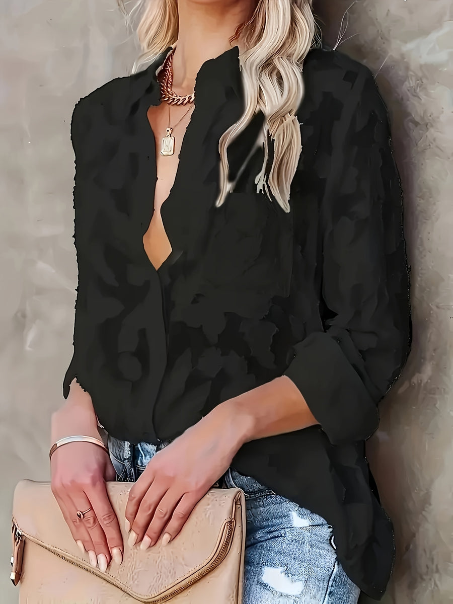 Elegant Collar Button- Shirt - Solid Color Semi-Sheer Blouse, Lapel Collar Button Front, Machine Washable Year-Round Versatile Top for Casual & Professional Wear () - Special Line - Black