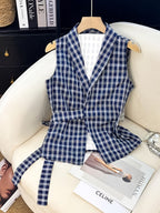 Plaid Lace-up Waist-cinching Outer Vest Shirt with a Design Sense - Blue