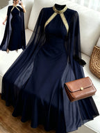 Color-blocked Decorative Stand-up Collar Elegant Batwing Sleeve Mermaid Hem Fashionable Evening Gown, Women's Long Bridesmaid Dress - Navy Color