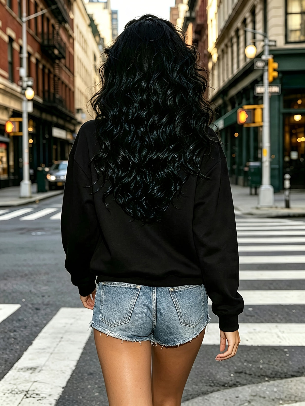 Fall Winter Essential V-Neck Warm Sweatshirt, Printed Pattern Design, Thickened And Fleece-Lined Comfortable Soft, Suitable for Various Dressing Styles, Perfect for Layering, Matching with Various Bottoms, Daily Office Commute - Black